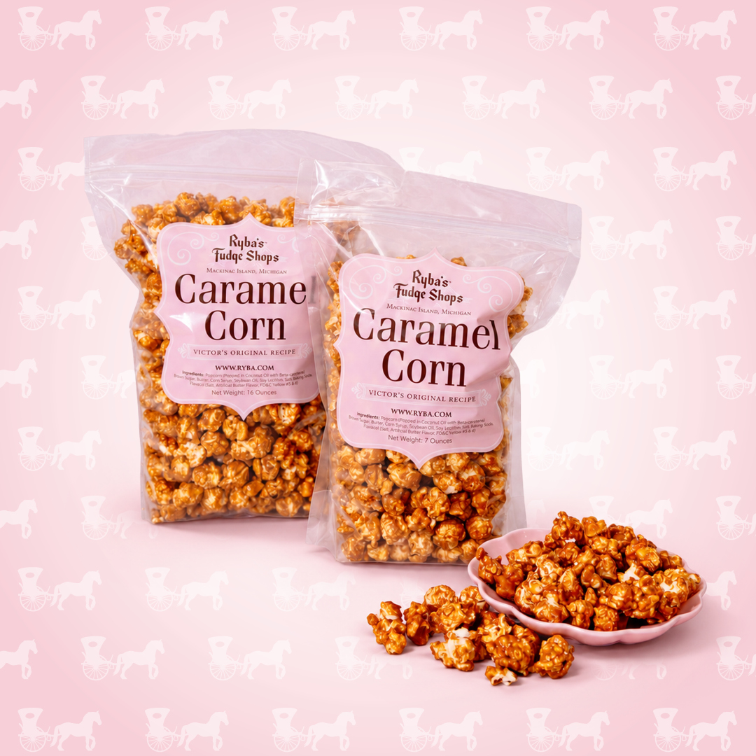 Bags of Victor's original caramel corn with a bowl of caramel corn.