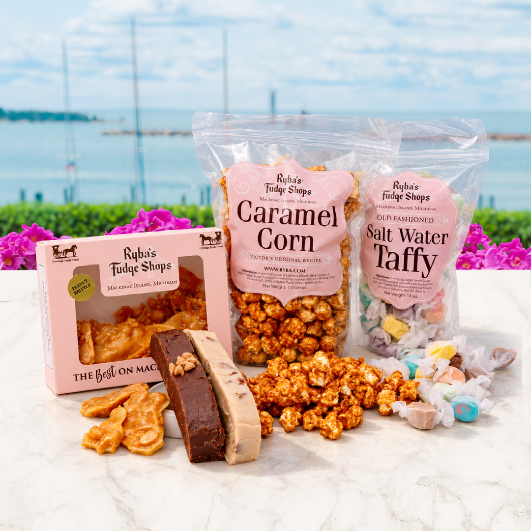 The Sweet Treats Sampler from Ryba's Fudge includes brittle, two slices of fudge, caramel corn, and taffy