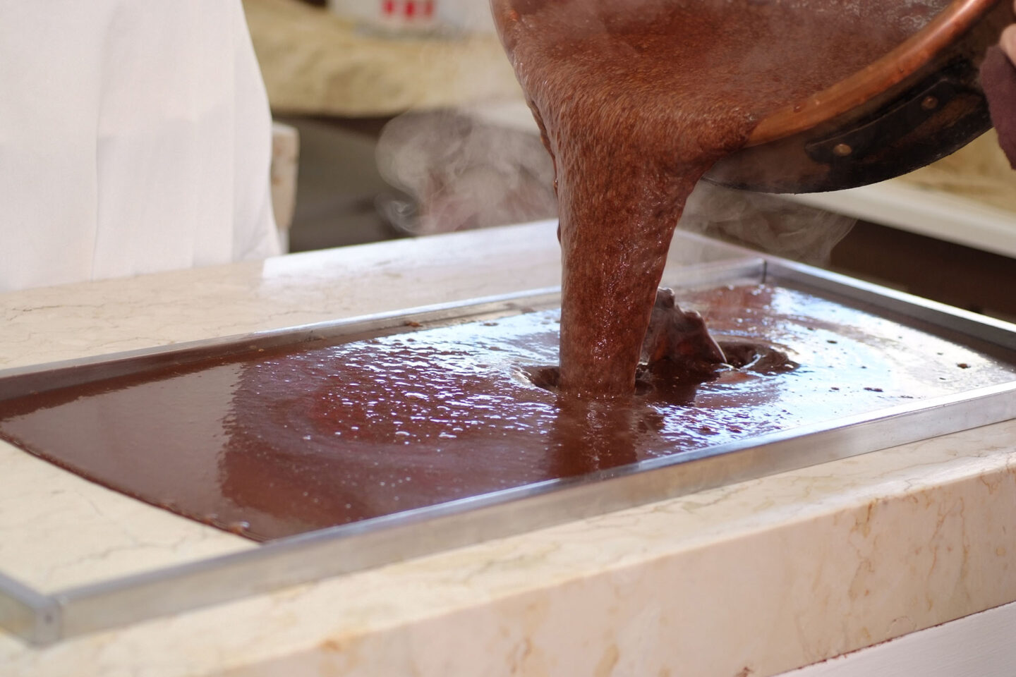 Fudge being made at Ryba's Fudge Shop - hot fudge being poured
