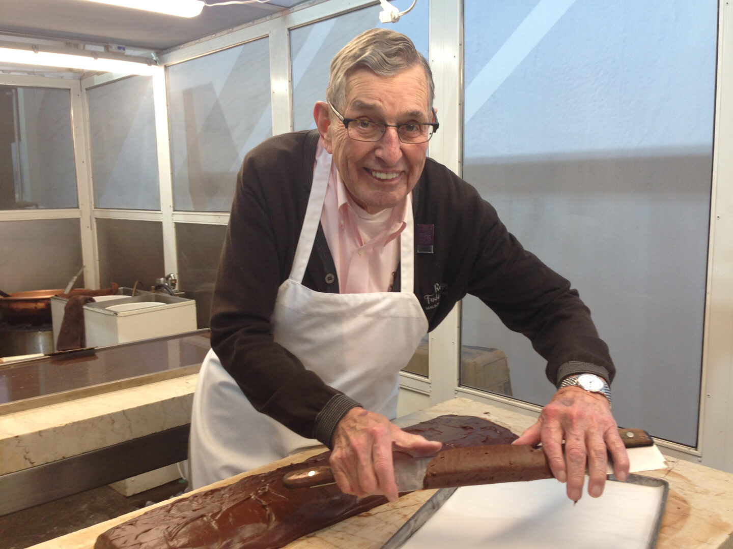 Victor rolling out fudge at Ryba's Fudge Shops