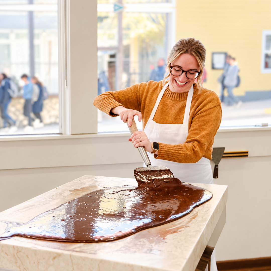 A woman learning how to make fudge at Ryba's Fudge Shops on Mackinac Island.