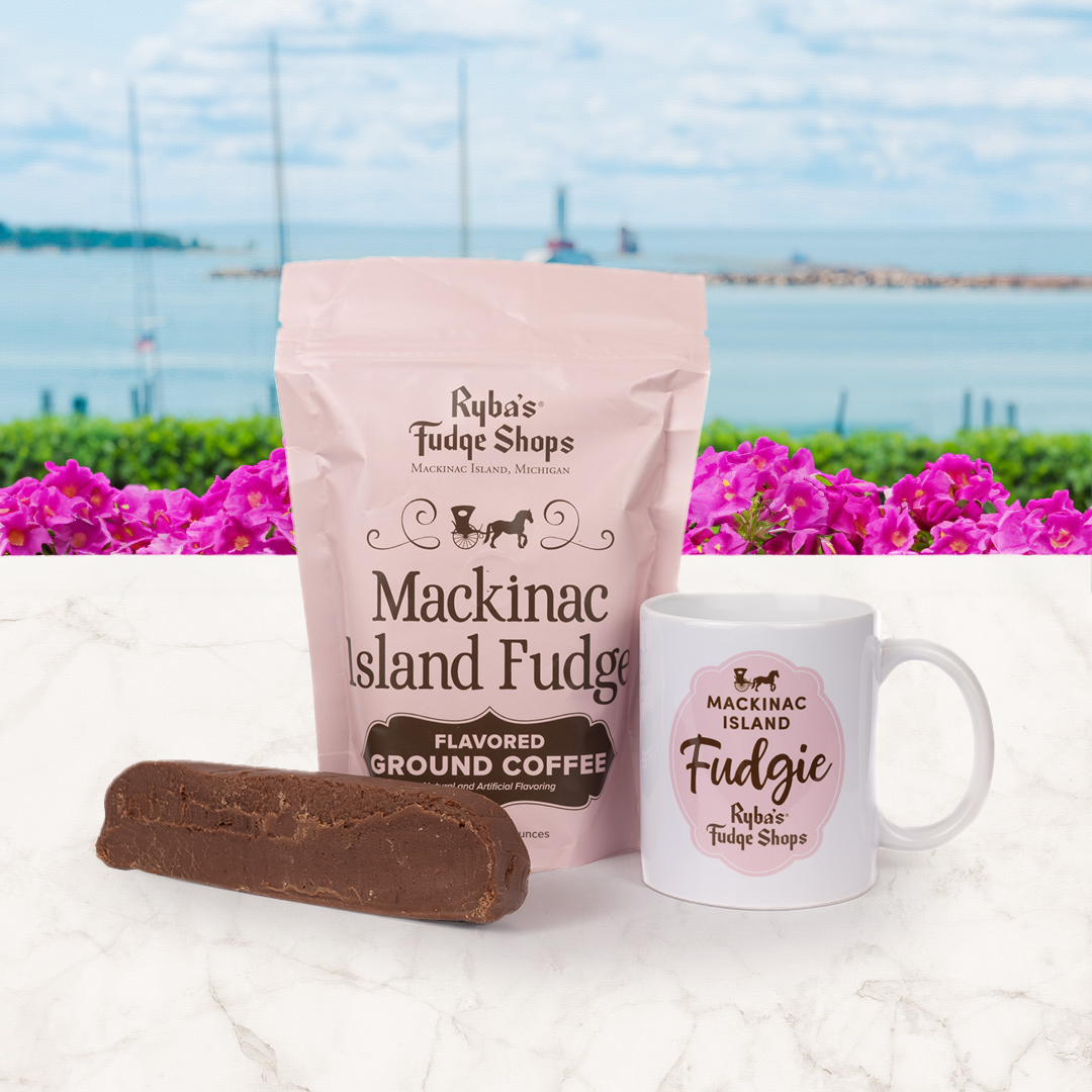 coffee and fudge combo box from Rybas Mackinac Island Fudge