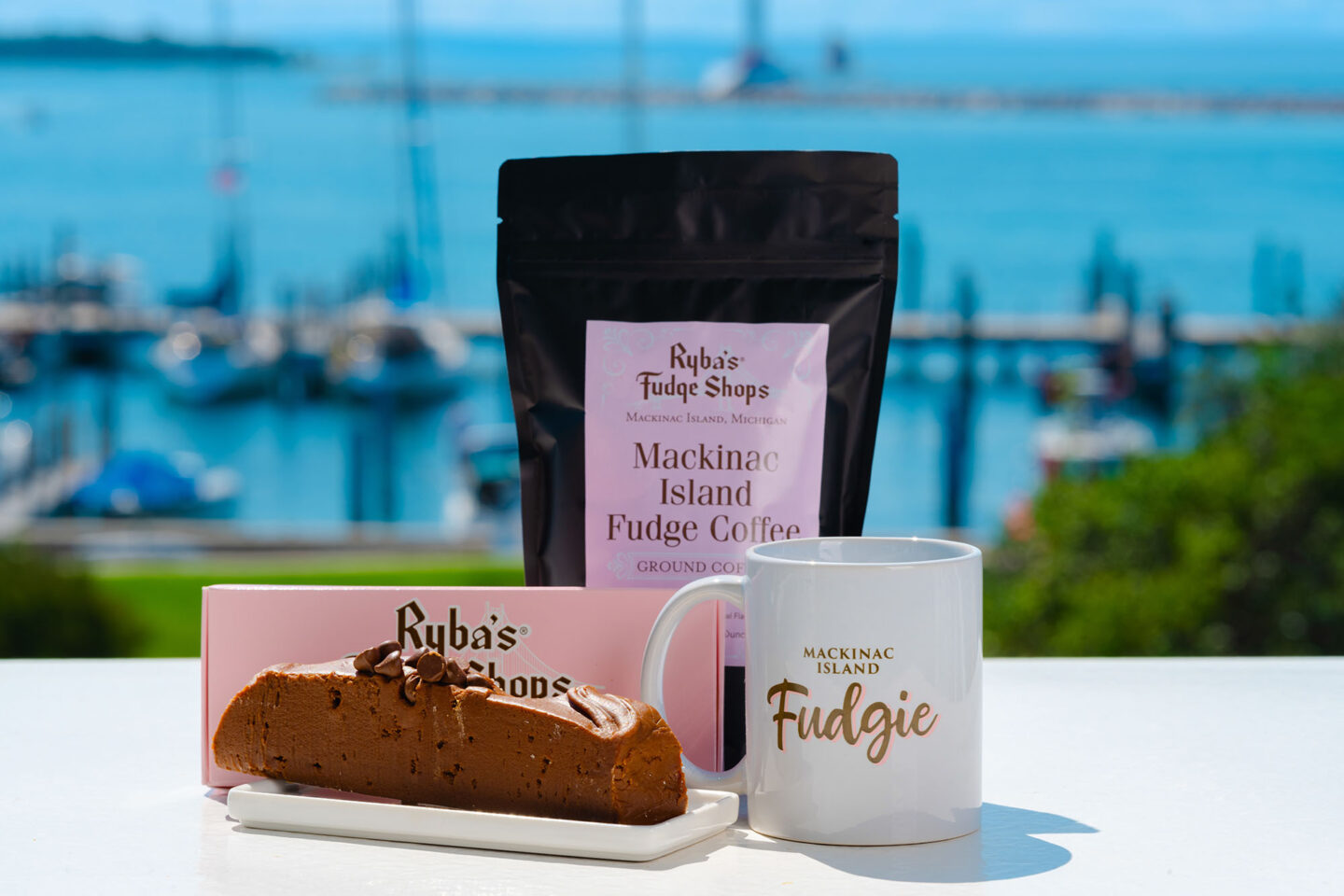coffee and fudge combo box from Rybas Mackinac Island Fudge