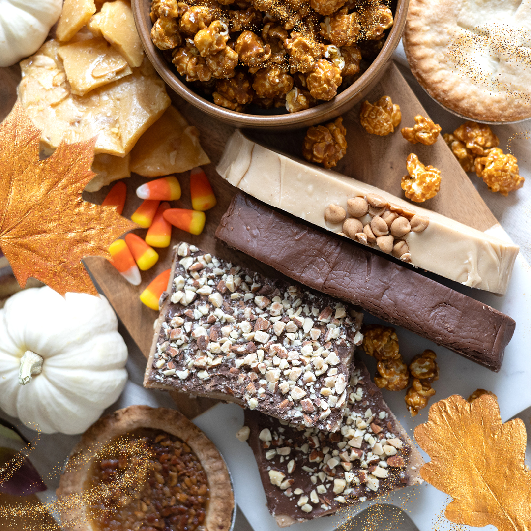 Thanksgiving Fudge Gift Basket layout in holiday table spread - Ryba's Fudge Shop